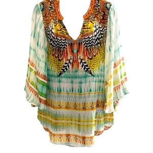 HALE BOB orange, white, green, brown beaded v-neck tunic, Small, EUC